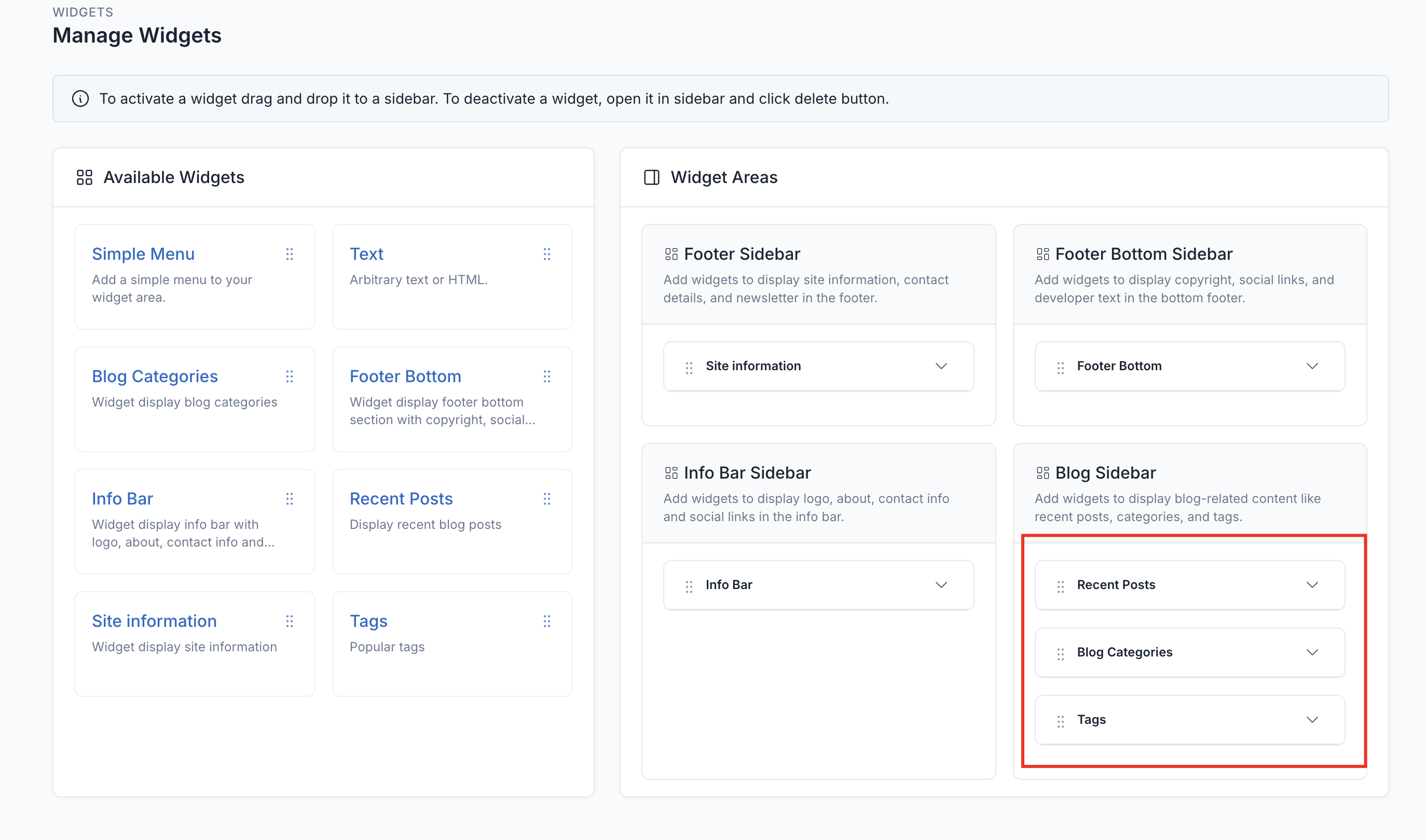 Widget footer sidebar admin