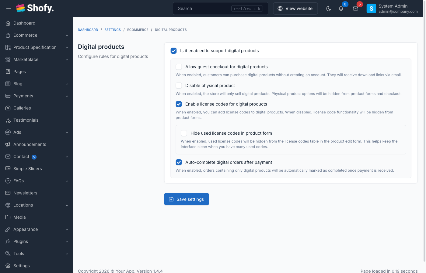 Digital products settings