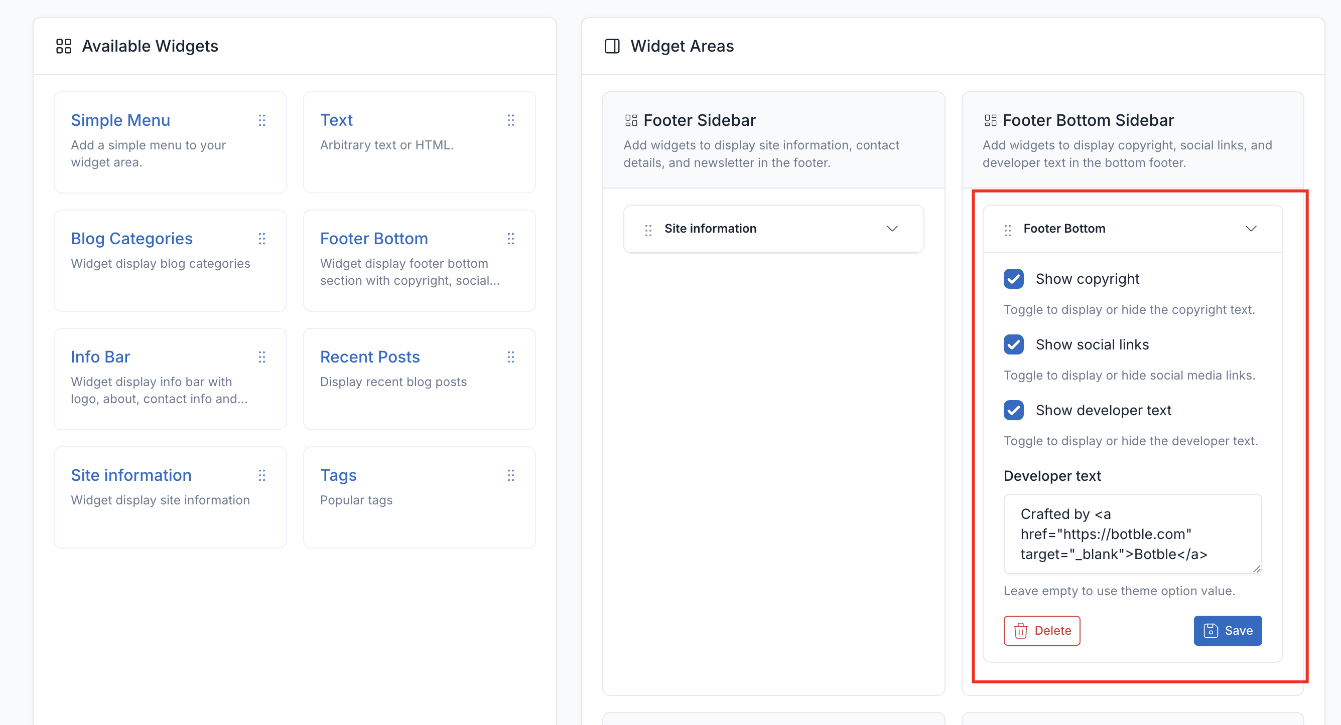 Widget footer sidebar admin