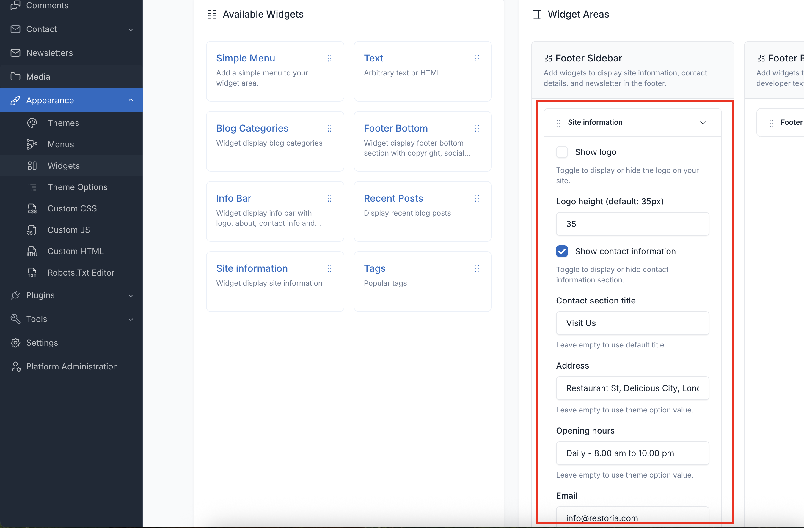 Widget footer sidebar admin