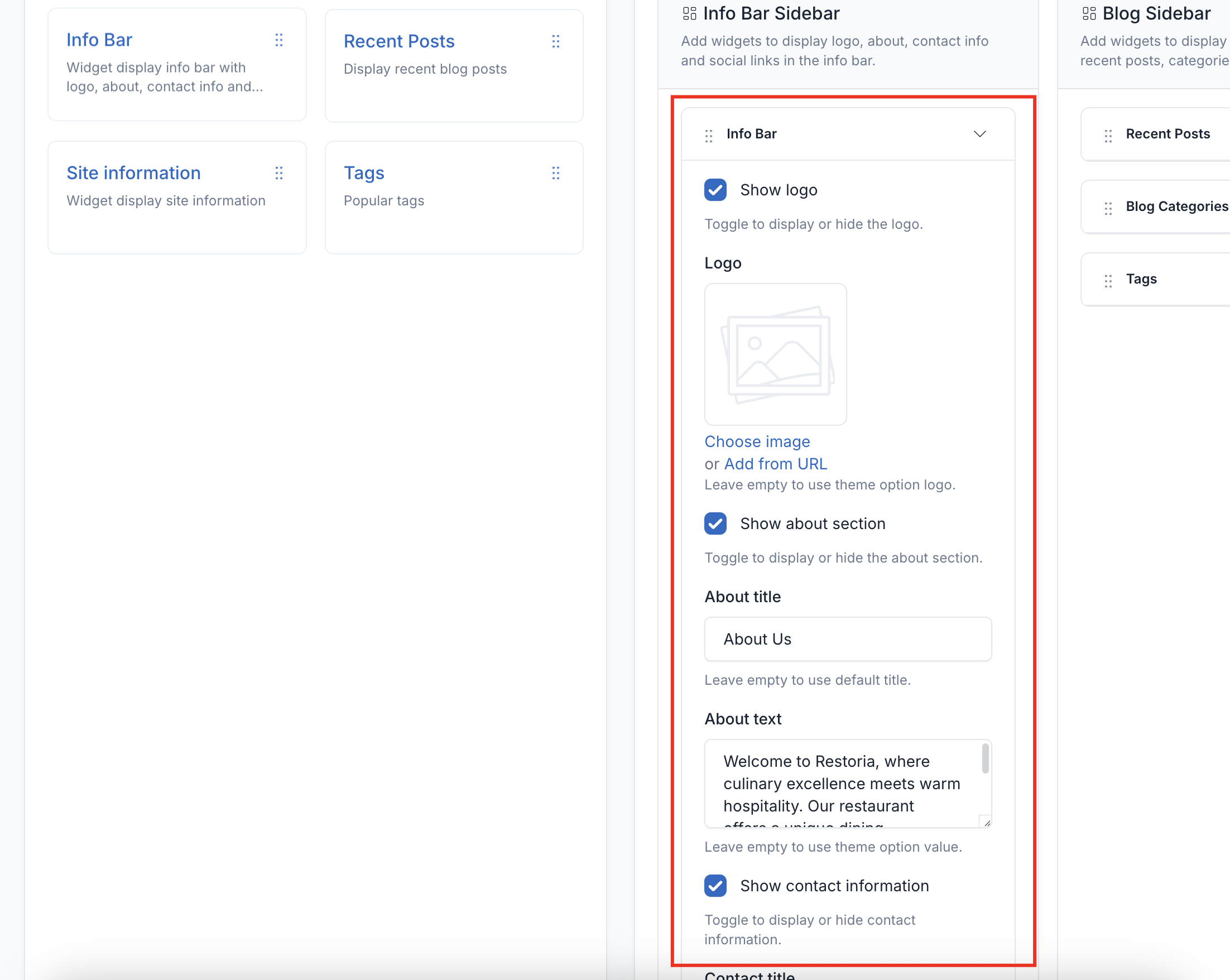 Widget footer sidebar admin