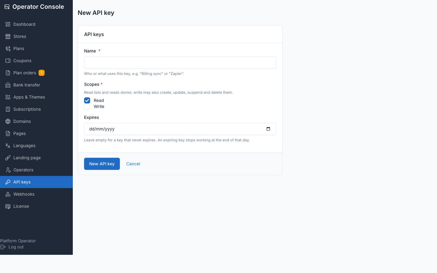 Issue-API-key form with name, scopes and expiry fields