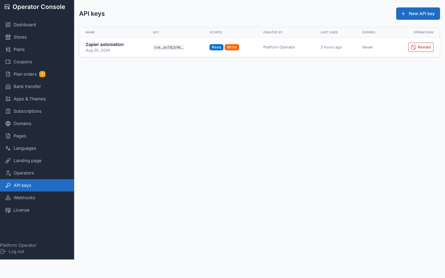 API keys list — name, prefix, scopes, last used, revoke
