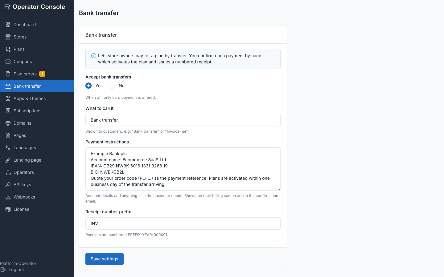 Bank-transfer settings screen