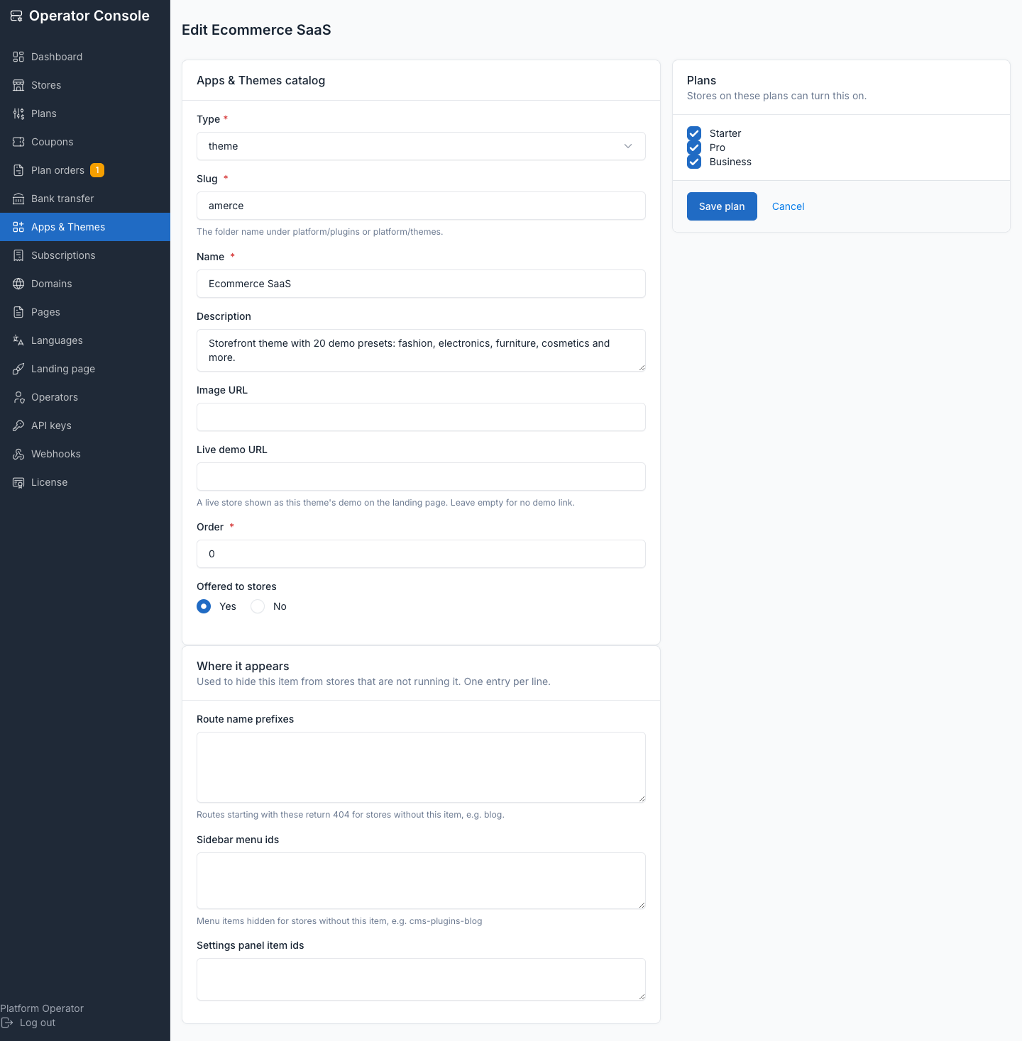 Catalog item form — type, slug, surface fields and plan assignment