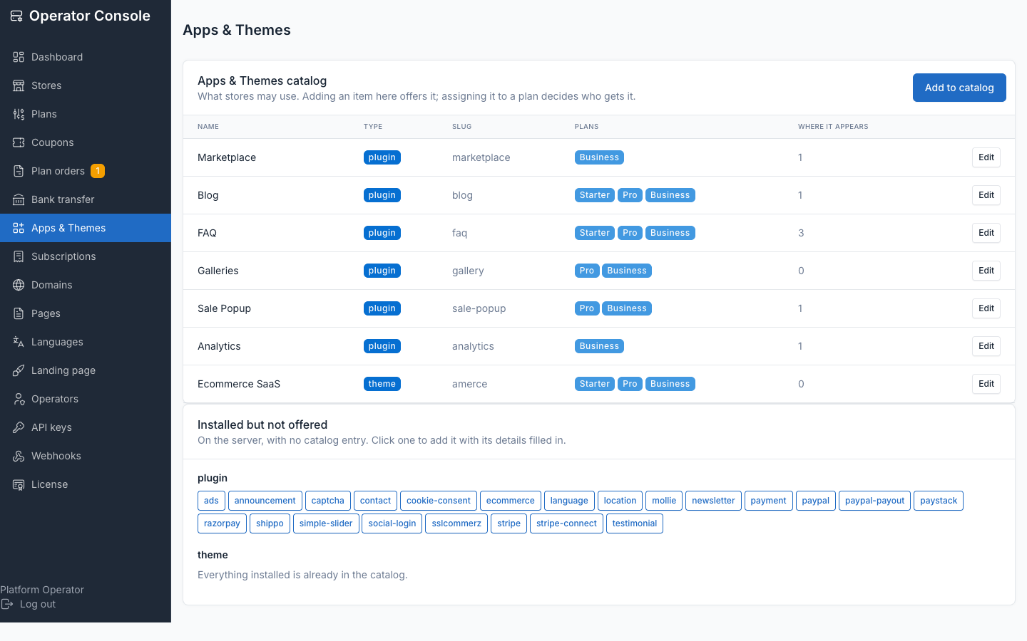 Apps & Themes catalog showing the newly registered theme