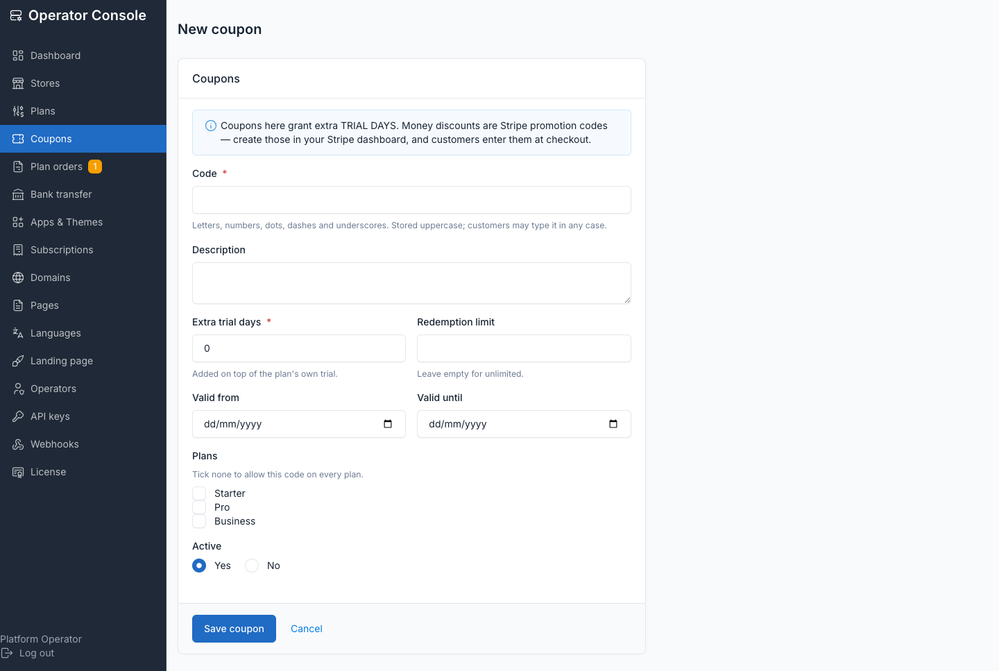 Coupon form: code, trial days, plan scope, redemption cap