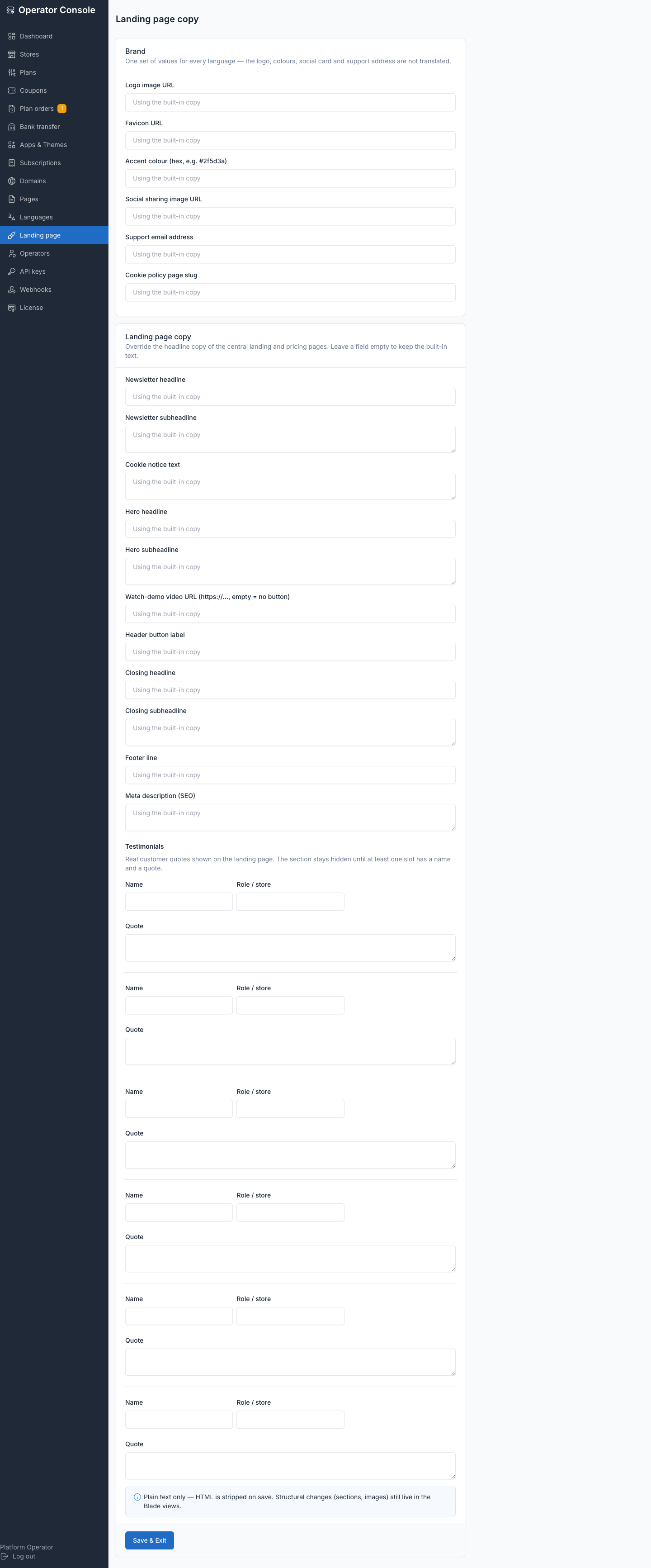 Landing-page settings form