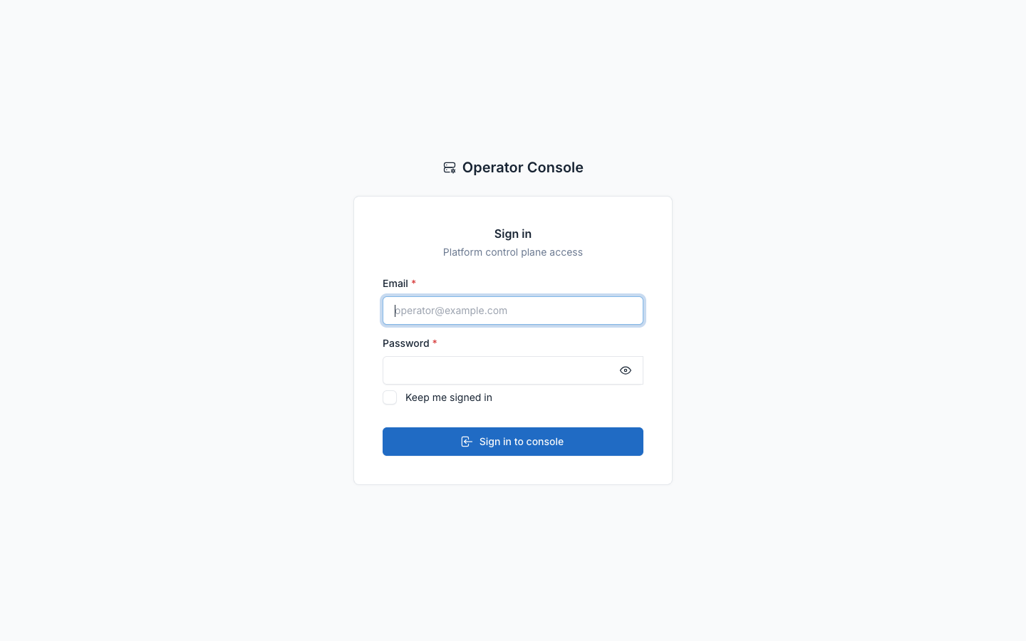 Branded operator-console sign-in screen