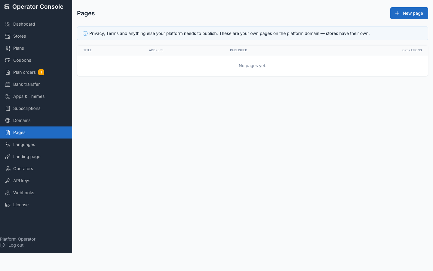 Central pages list — Terms, Privacy and other published pages