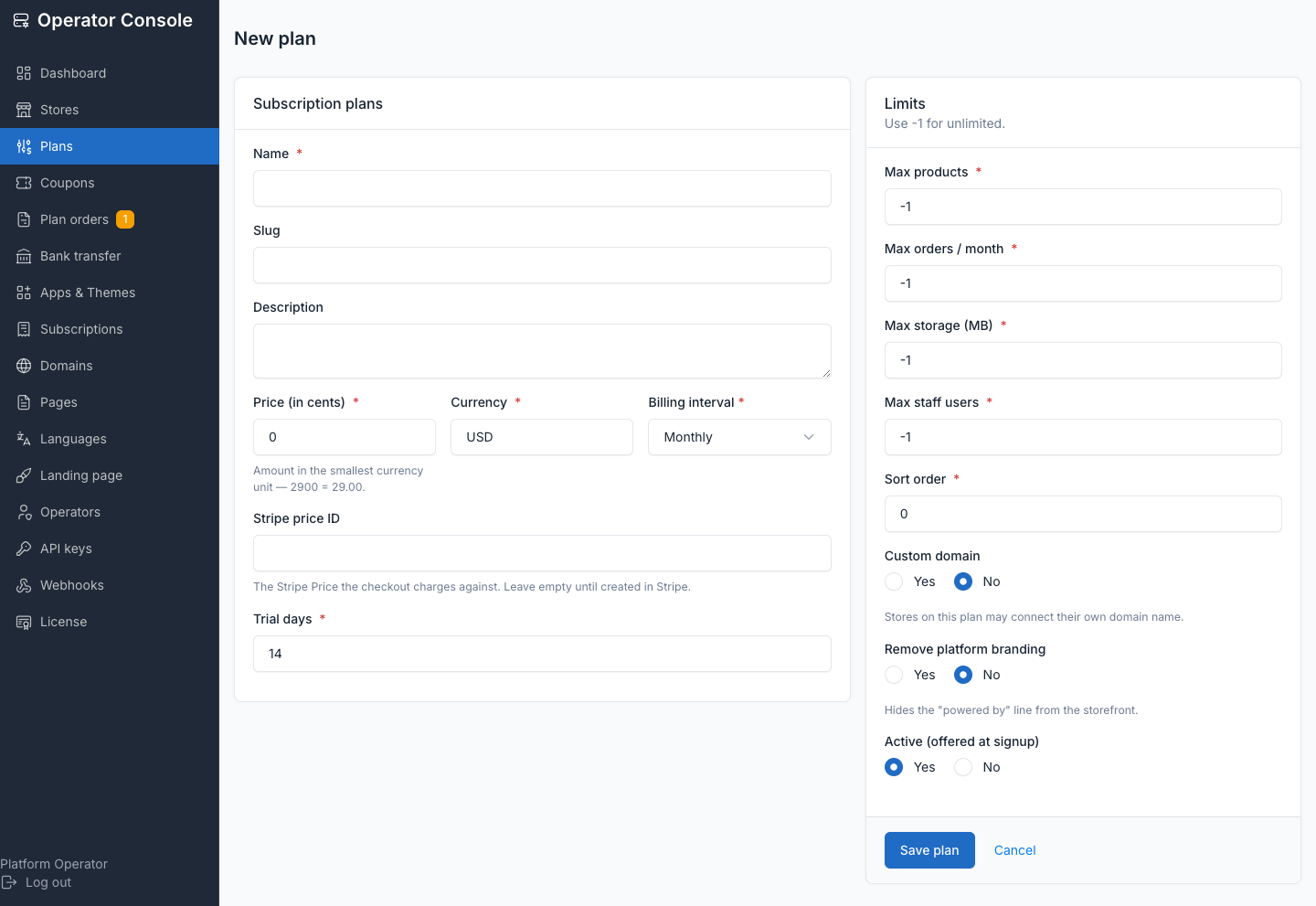 New-plan form with price, interval, trial and limits