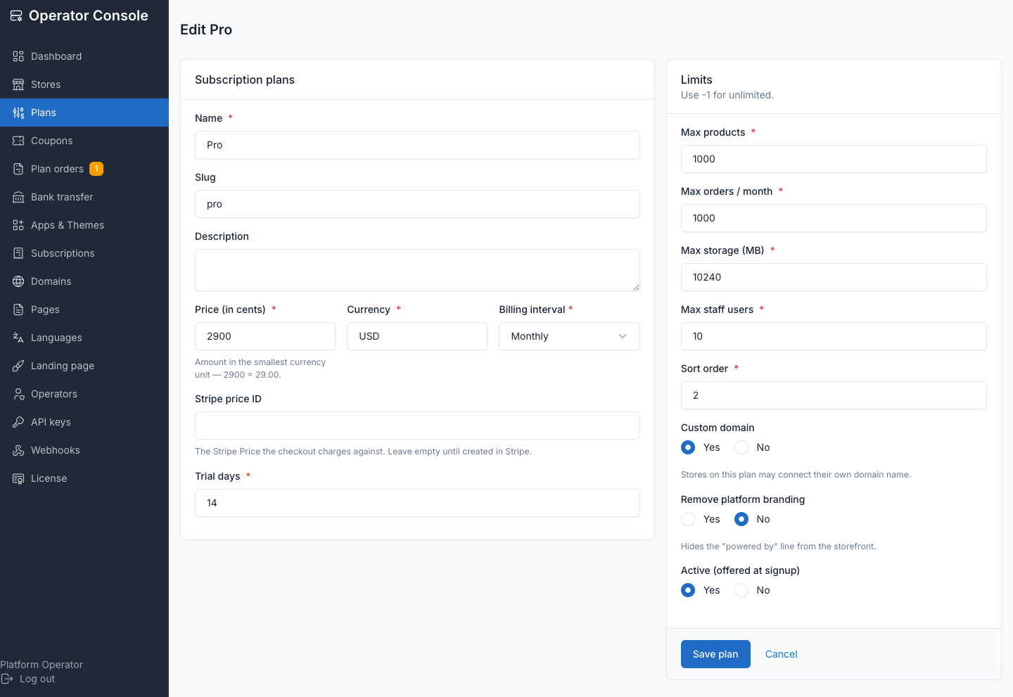Edit-plan form showing price, limits and entitlements