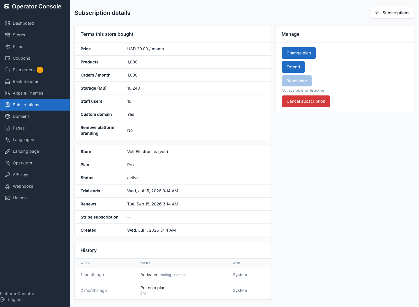 Subscription detail: frozen terms card, store/plan/status, and the Manage panel