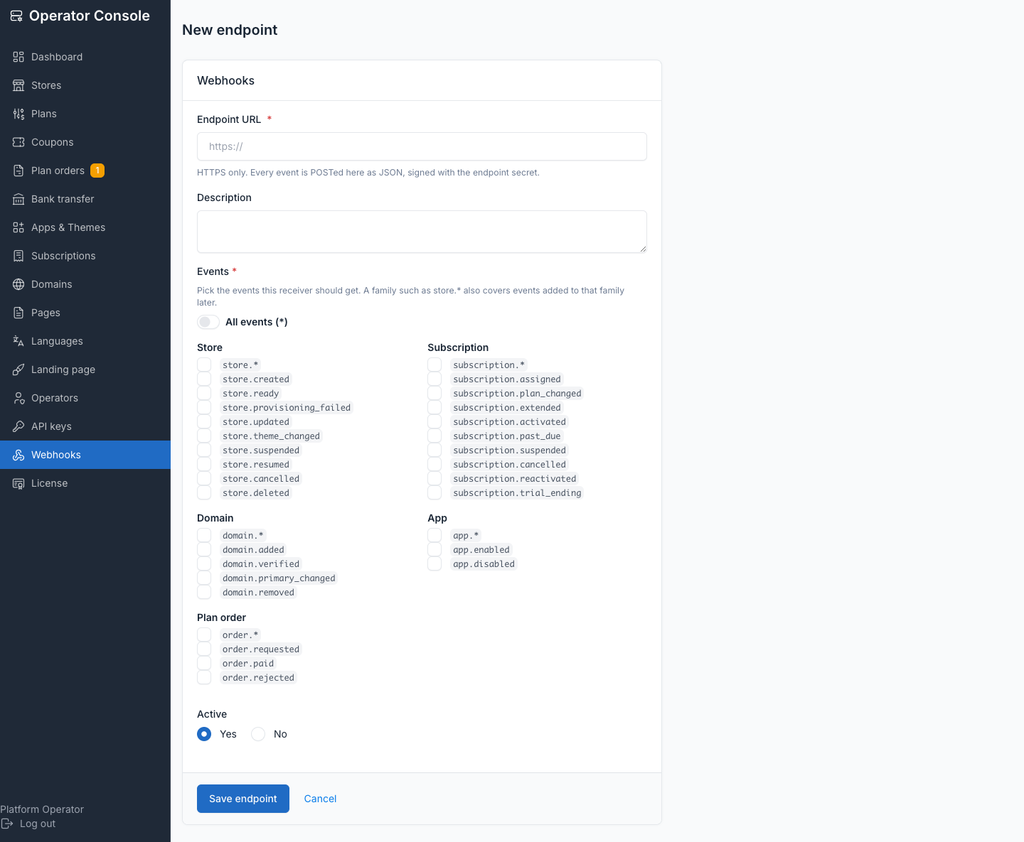 New webhook endpoint form — URL, event checkboxes, description