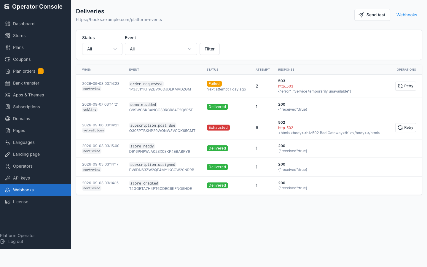 Delivery log for one endpoint