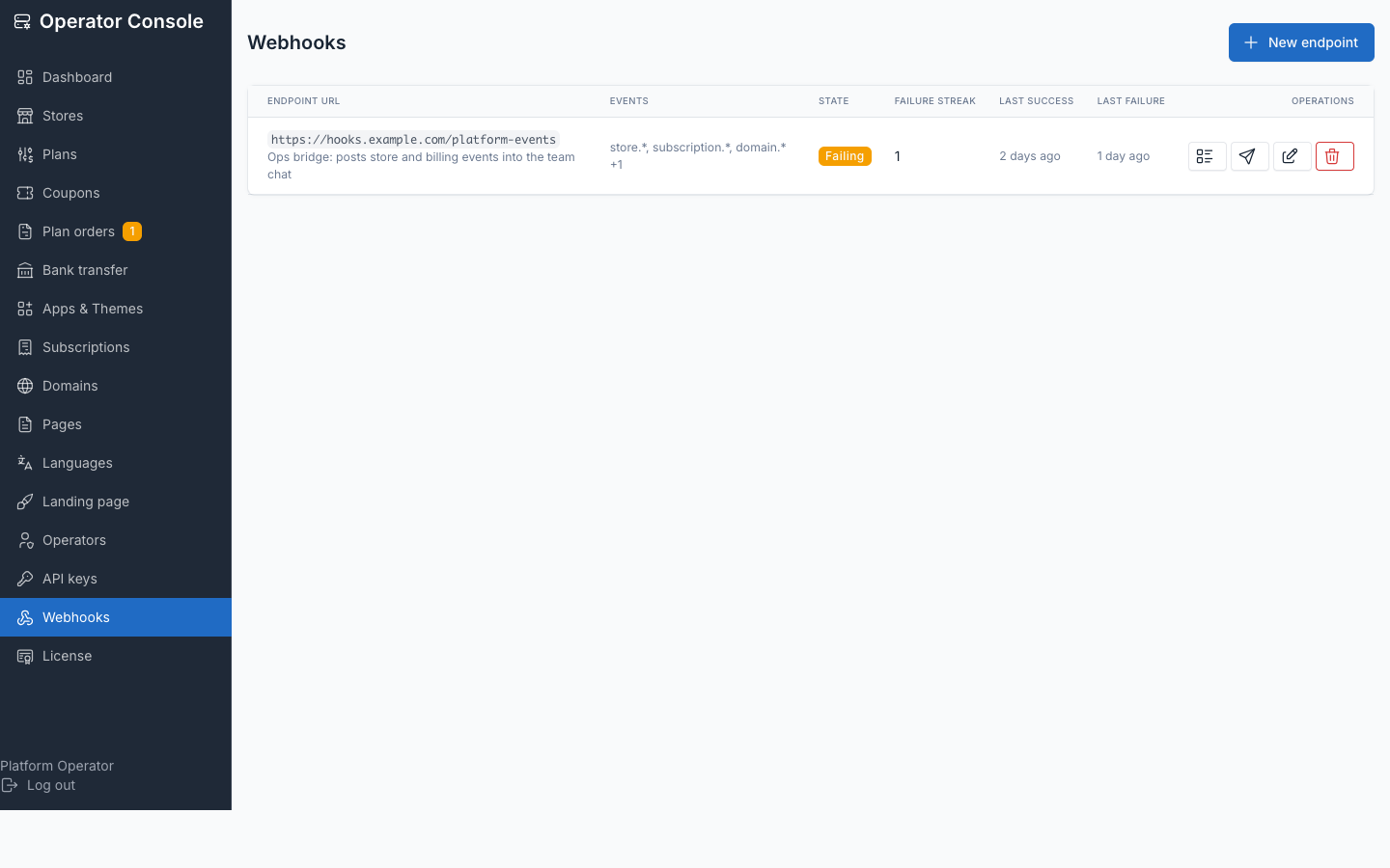 Webhook endpoints list