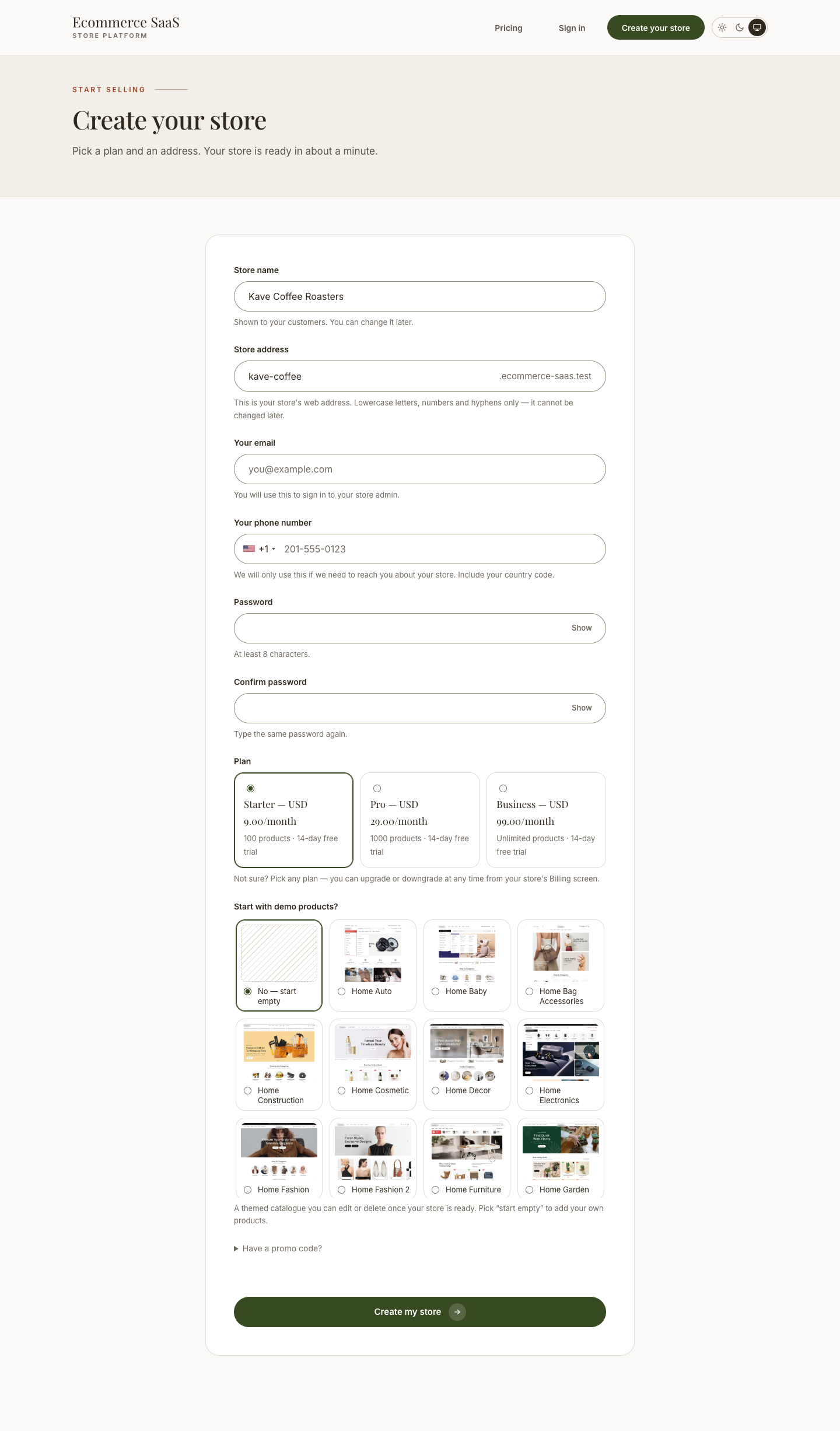 /start-your-store self-serve signup form — store name, subdomain, email, password, plan + theme choice