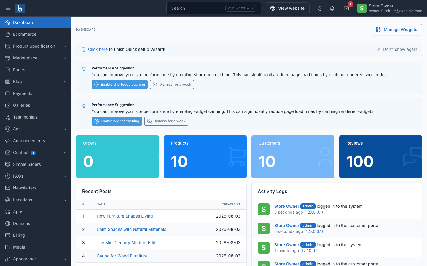 A store owner's admin, with Apps, Domains and Billing added to the sidebar