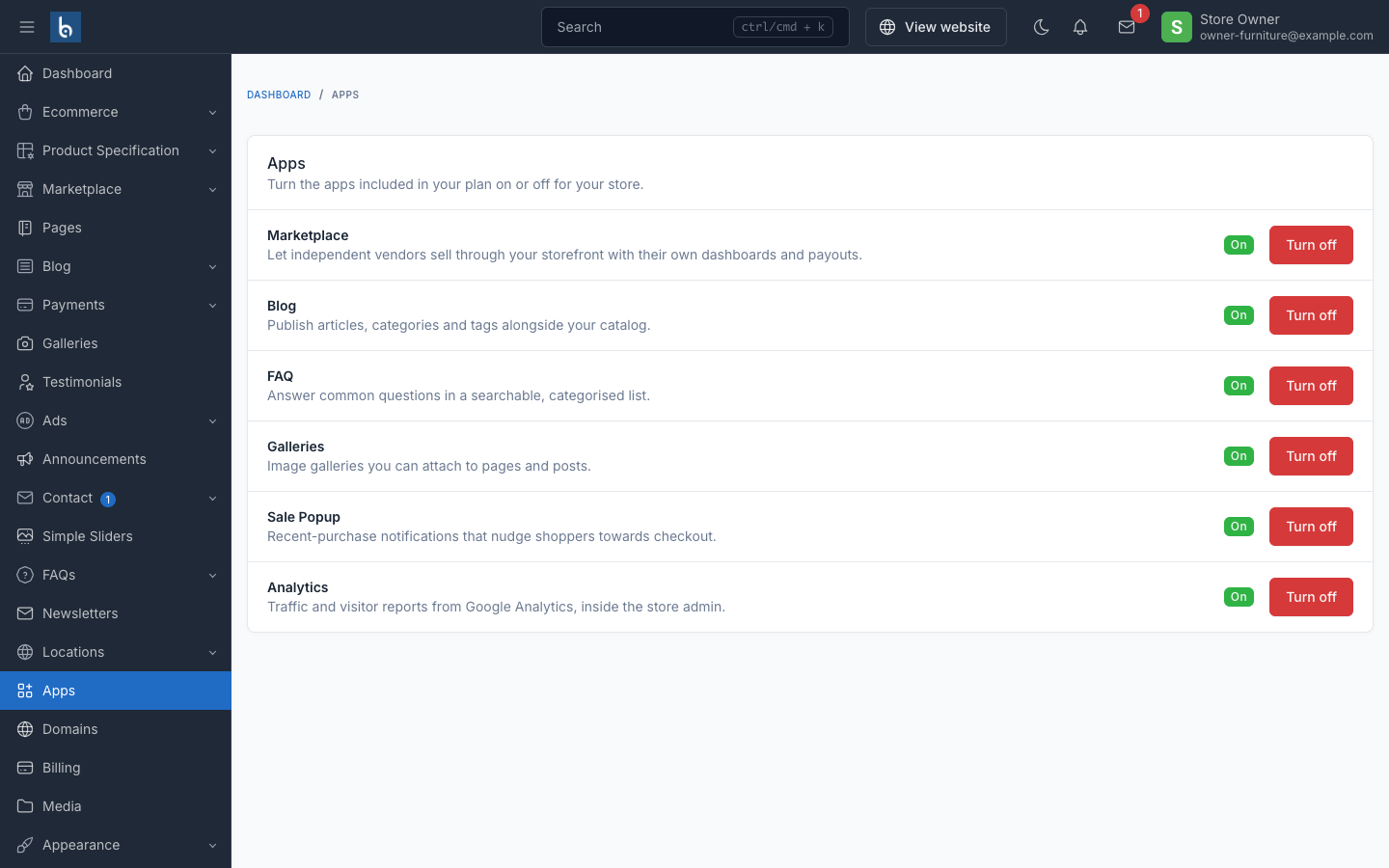 Apps screen — plan-included apps with On/Off toggles