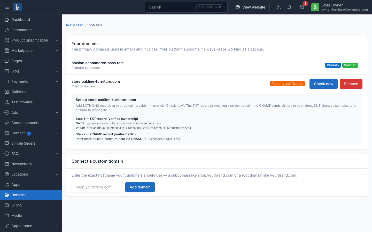Store owner Domains screen