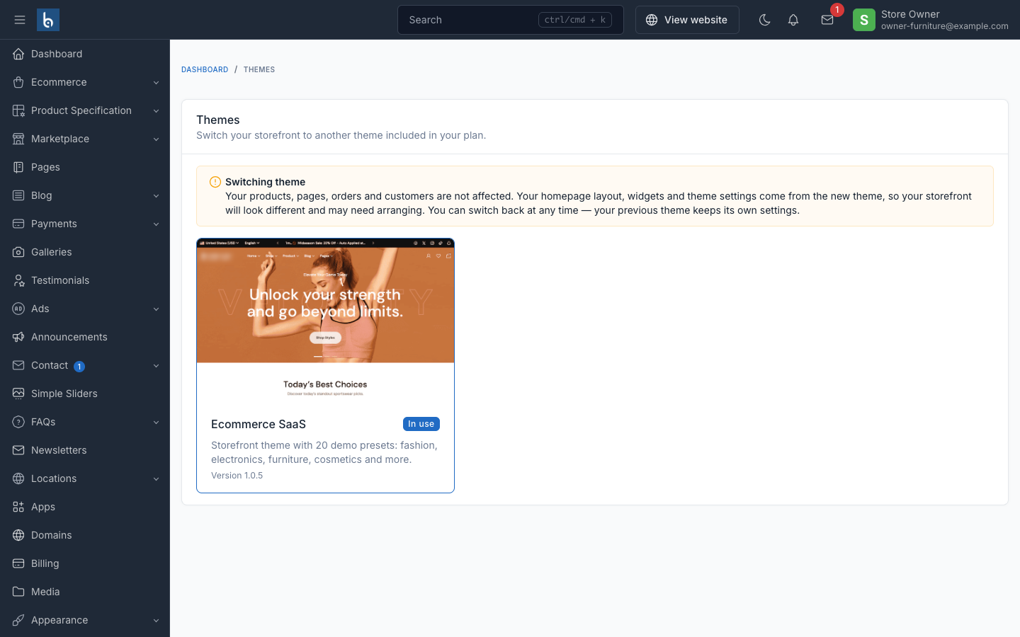 Store owner's Themes screen with an "In use" badge