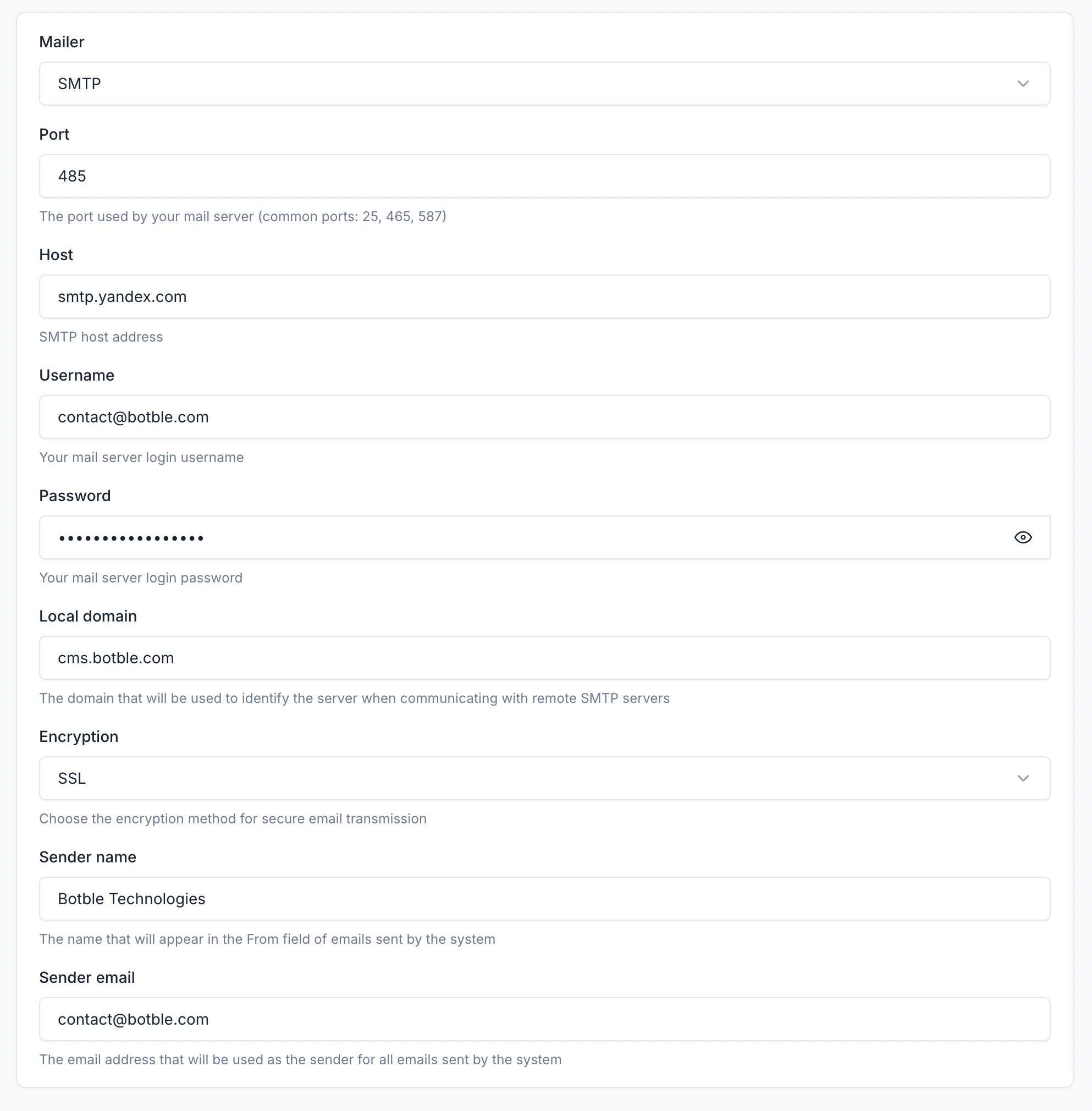 Yandex SMTP Settings